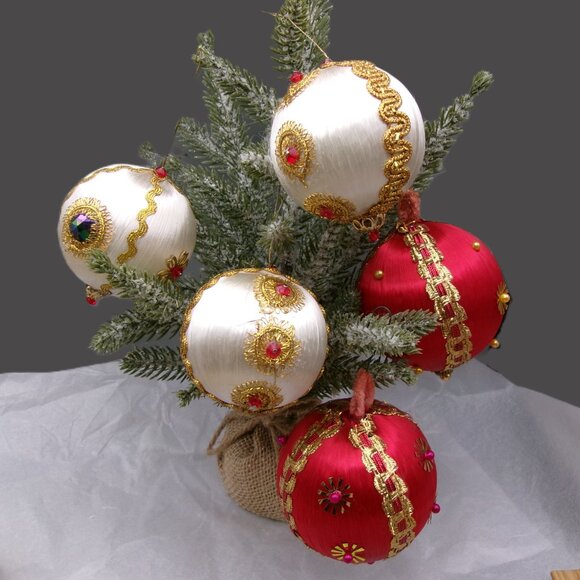 5 Red White Push Pin Christmas Ornaments, Satin Beaded Sequins, Vintage Handmade - Picture 2 of 7
